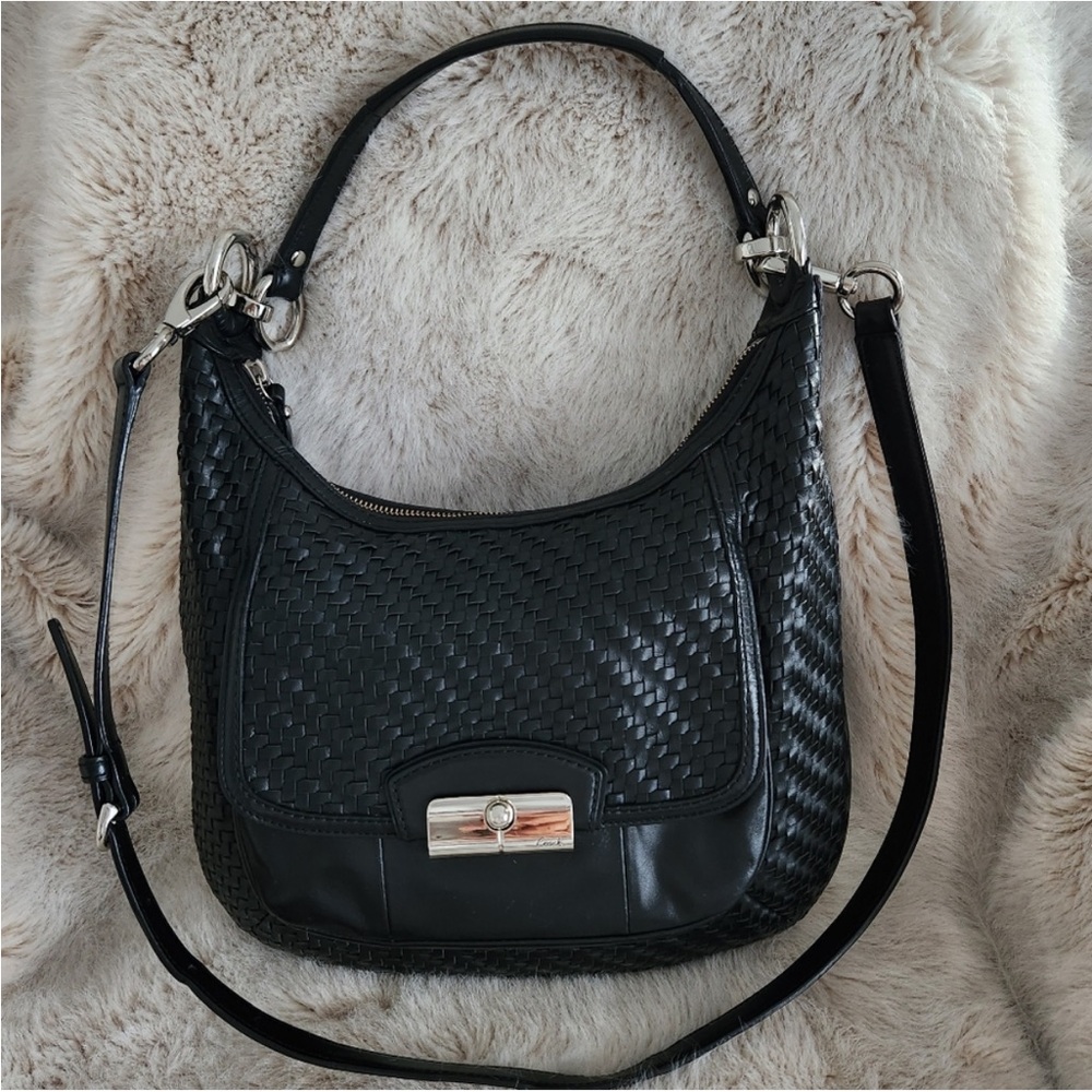 COACH Kristen BIG SNAP Closure Woven Black Shoulder Bag Handbag Sachtel